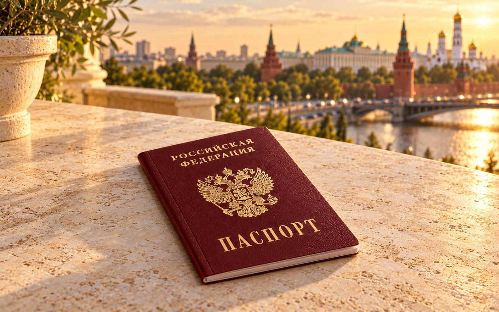 Бордовый российский паспорт лежит на каменном столе с видом на город. Тематическая иллюстрация.