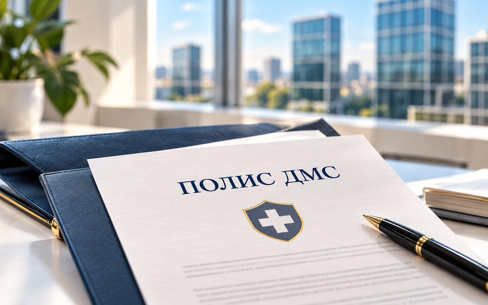 Страховой документ «Полис ДМС» на столе в светлом офисе. Тематическая иллюстрация.