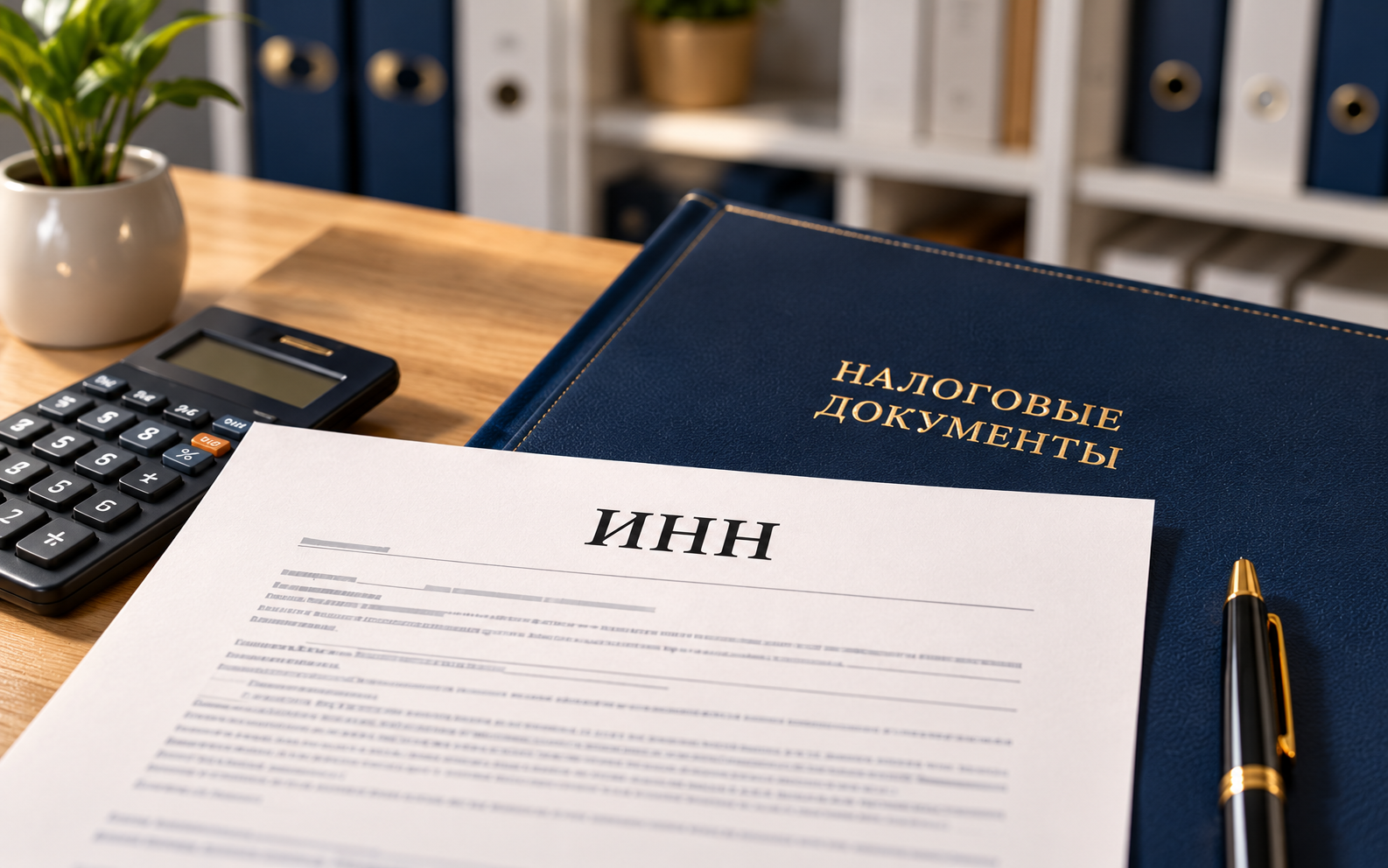 Лист с надписью «ИНН» на папке «Налоговые документы». Тематическая иллюстрация.