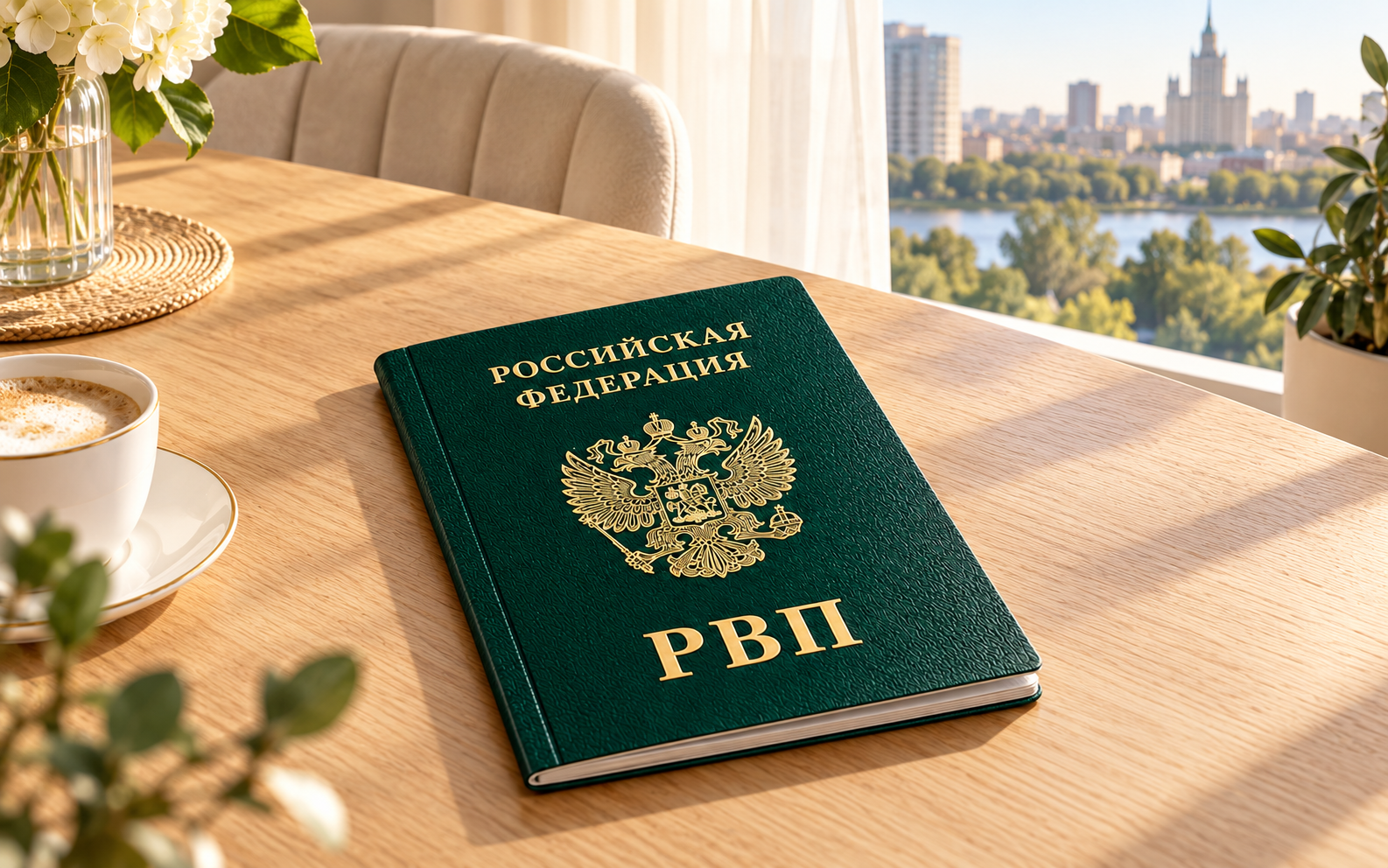 Зелёная обложка «РВП» лежит на домашнем столе у окна с видом на город.