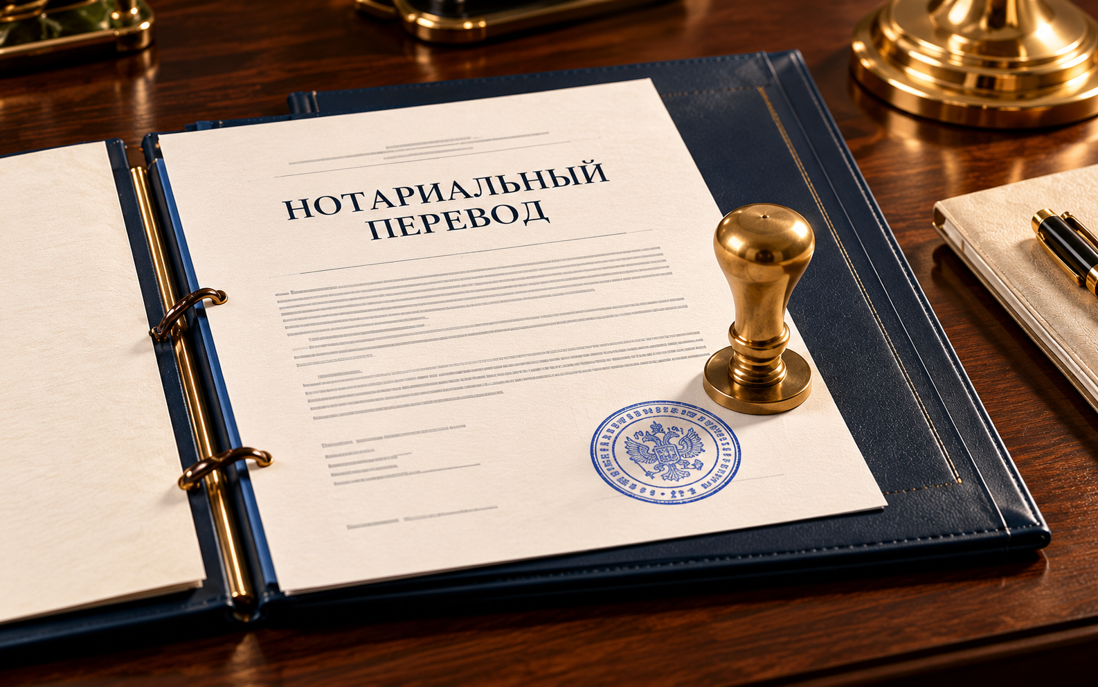 Документ с надписью «Нотариальный перевод», переплёт и печать на столе. Тематическая иллюстрация.