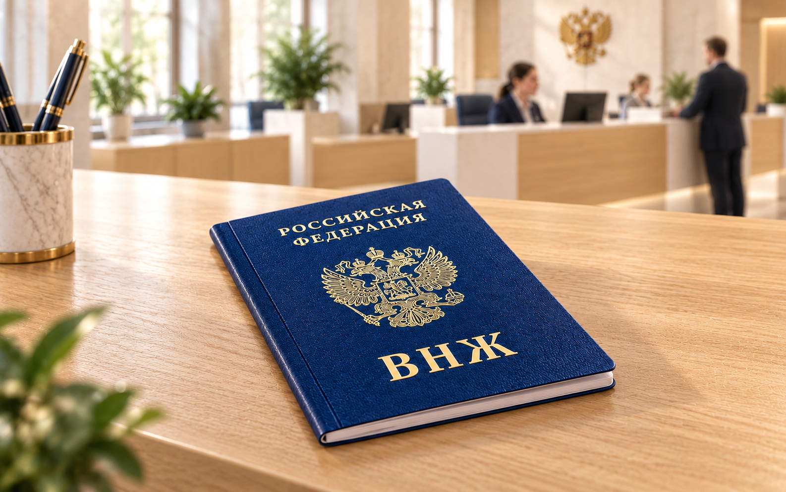 Синяя обложка «ВНЖ» лежит на столе в светлой приёмной государственного учреждения. Тематическая иллюстрация.
