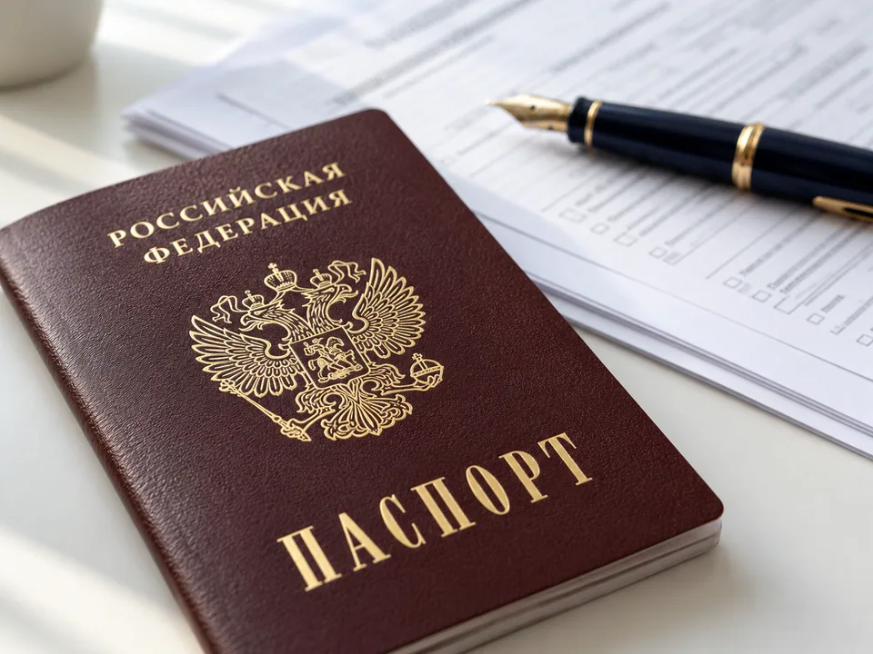 Паспорт, документы и перьевая ручка. Тематическая иллюстрация.